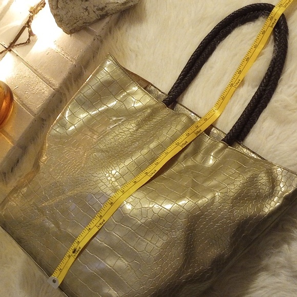 Large Saks Fifth Avenue Tote. Croc embossed. Brass tone. Braided brown straps. - Picture 4 of 11